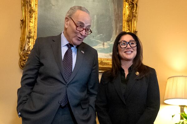 Senate Minority Leader Chuck Schumer of N.Y., left, meets with former Rep. Lori Chavez-DeRemer, R-Ore., President-elect Donald Trump's pick for Secretary of Labor, in his office on Capitol Hill, Tuesday, Jan. 14, 2025, in Washington. (AP Photo/Mark Schiefelbein)