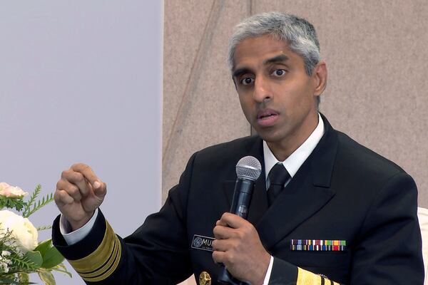 FILE - Surgeon General Vivek Murthy speaks during a panel discussion, Oct. 10, 2023, in New York. (AP Photo/Ted Shaffrey, File)