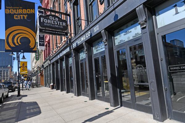 The Old Forester distillery and visitors center are seen on Whiskey Row in Louisville, Ky., Monday, Feb. 3, 2025. Kentucky distillers produce 95% of the global bourbon supply, and many of the Canadian Provinces planned to remove American liquor brands from government store shelves. (AP Photo/Timothy D. Easley)