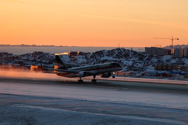 The plane carrying Donald Trump Jr., departs from the airport in Nuuk, Greenland, Tuesday, Jan. 7, 2025. (Emil Stach/Ritzau Scanpix via AP)