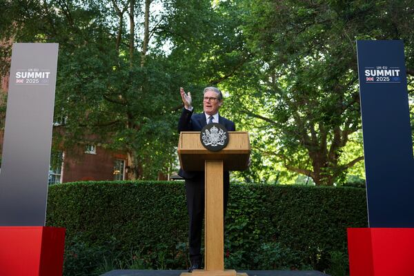 Britain's Prime Minister Keir Starmer speaks during a reception following the UK-EU summit, in London, Monday May 19, 2025. (Hannah McKay/Pool via AP)