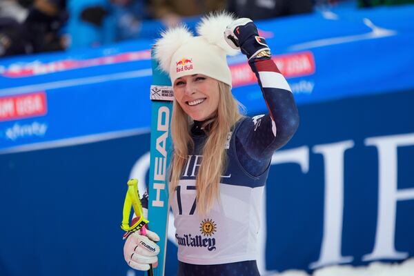 Second place finisher United States' Lindsey Vonn reacts during a medal ceremony for women's super-G at the World Cup Finals, Sunday, March 23, 2025, in Sun Valley, Idaho. (AP Photo/John Locher)