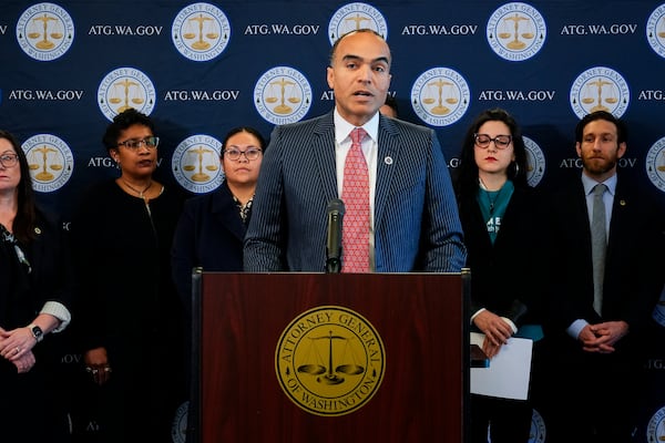 Washington Attorney General Nick Brown speaks during a news conference announcing that Washington will join a federal lawsuit to challenge President Donald Trump's executive order to end birthright citizenship Tuesday, Jan. 21, 2025, in Seattle. (AP Photo/Lindsey Wasson)