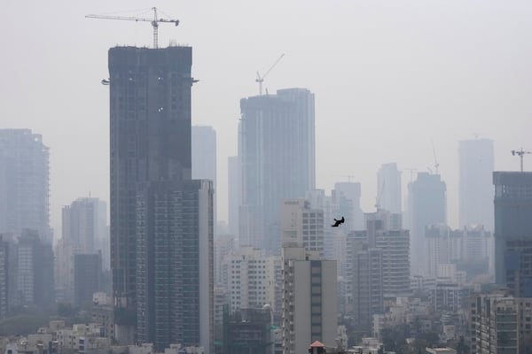 A crow flies in smog heavy air in Mumbai, India, on Feb. 10, 2025. (AP Photo/Rajanish Kakade)