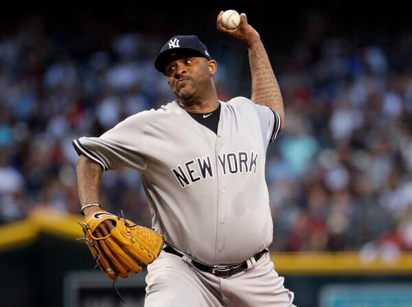 FILE - New York Yankees starting pitcher CC Sabathia throws during the first inning of a baseball game against the Arizona Diamondbacks, Tuesday, April 30, 2019, in Phoenix. (AP Photo/Matt York, File)