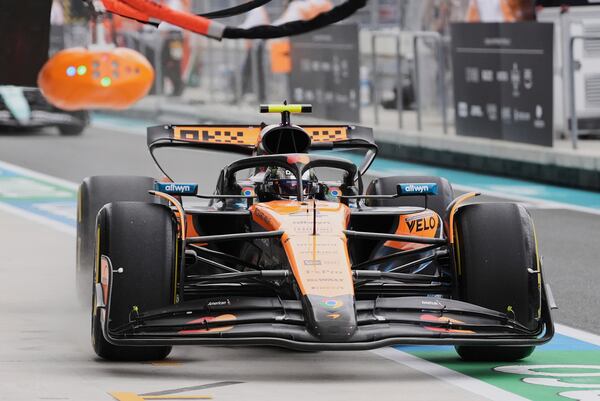 McLaren driver Lando Norris of Britain pulls in to the pits during a practice session for the Formula One Miami Grand Prix auto race, Friday, May 2, 2025, in Miami Gardens, Fla. (AP Photo/Rebecca Blackwell)