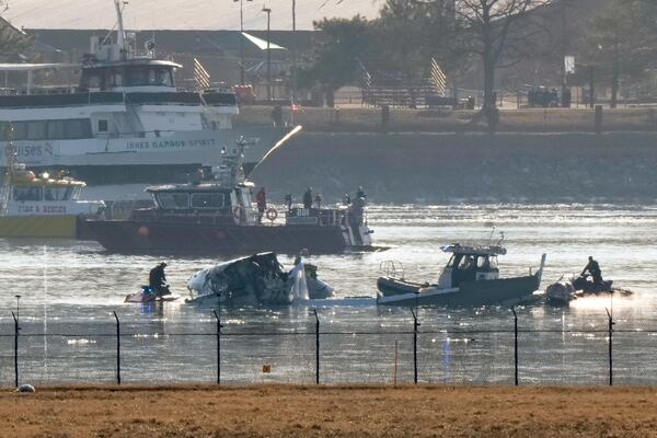 Search and rescue efforts are seen around a wreckage site in the Potomac River from Ronald Reagan Washington National Airport, early Thursday morning, Jan. 30, 2025, in Arlington, Va. (AP Photo/Mark Schiefelbein)