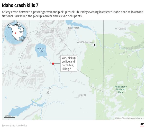 Idaho police say a crash between a tour van and pickup truck Thursday killed seven people near Yellowstone National Park. (AP Digital Embed)