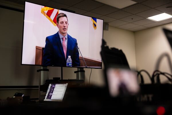 Former Grand Rapids Police officer Christopher Schurr testifies during his fifth day of trial at the Kent County Courthouse in Grand Rapids, Mich. on Friday, May 2, 2025. (Joel Bissell /Kalamazoo Gazette via AP)