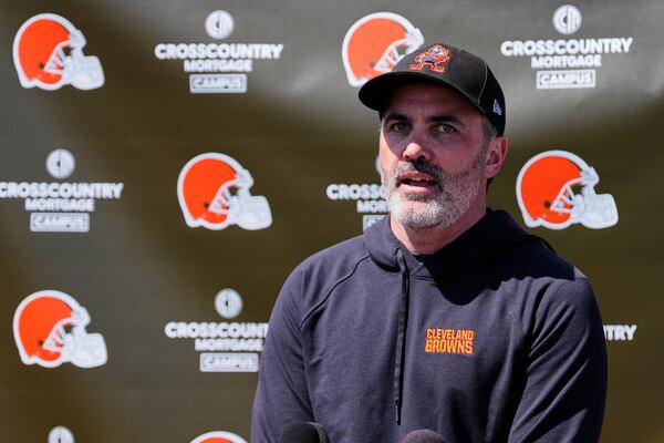 Cleveland Browns head coach Kevin Stefanski answers a question during a news conference after the NFL football team's rookie minicamp in Berea, Ohio, Friday, May 9, 2025. (AP Photo/Sue Ogrocki)