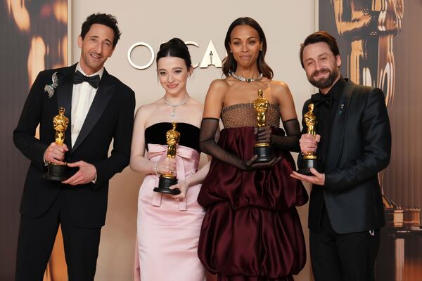 Adrien Brody, from left, winner of the award for best performance by an actor in a leading role for "The Brutalist," Mikey Madison, winner of the award for best performance by an actress in a leading role for "Anora," Zoe Saldana, winner of the award for best performance by an actress in a supporting role for "Emilia Perez," and Kieran Culkin, winner of the award for best performance by an actor in a supporting role for "A Real Pain," pose in the press room at the Oscars on Sunday, March 2, 2025, at the Dolby Theatre in Los Angeles. (Photo by Jordan Strauss/Invision/AP)