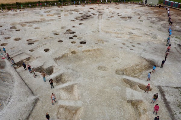 This photo provided by Bournemouth University in January 2025 shows the Durotriges tribe project dig in Dorset, southwest England. (Bournemouth University via AP)