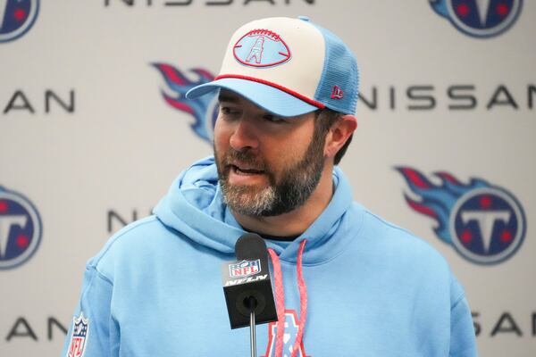 Tennessee Titans head coach Brian Callahan speaks during a news conference after an NFL football game against the Houston Texans, Sunday, Jan. 5, 2025, in Nashville, Tenn. (AP Photo/George Walker IV)