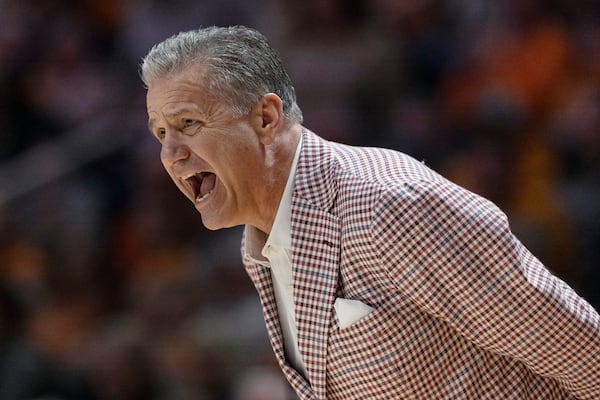 Arkansas head coach John Calipari yells his players during the first half of an NCAA college basketball game Saturday, Jan. 4, 2025, in Knoxville, Tenn. (AP Photo/Wade Payne)