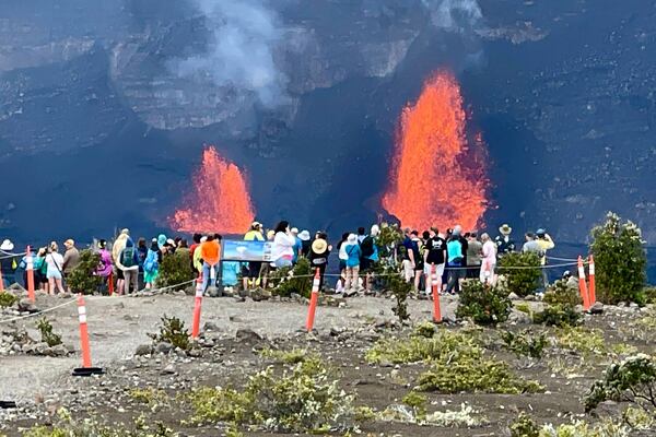 In this photo provided by Janice Wei, lava fountains from an eruption of Kilauea volcano on Wednesday, Jan., 15, 2025, in Hawaii. (Janice Wei/NPS via AP)