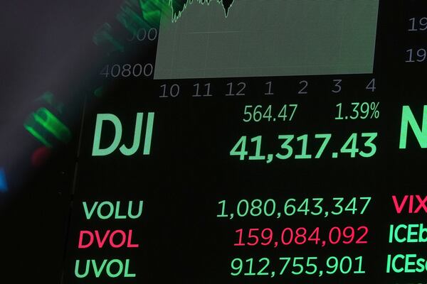 A board above the trading floor of the New York Stock Exchange displays the closing number for the Dow Jones industrial average, Friday, May 2, 2025. (AP Photo/Richard Drew)