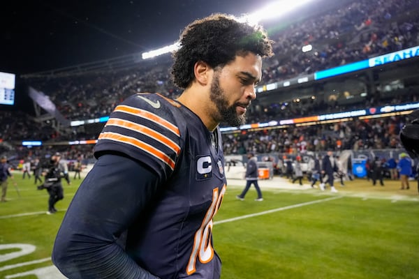 Chicago Bears quarterback Caleb Williams leaves the field following an NFL football game against the Seattle Seahawks, Thursday, Dec. 26, 2024, in Chicago. The Seahawks won 6-3. (AP Photo/Nam Y. Huh)