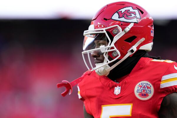 Kansas City Chiefs wide receiver Hollywood Brown (5) warms up before the AFC Championship NFL football game against the Buffalo Bills, Sunday, Jan. 26, 2025, in Kansas City, Mo. (AP Photo/Ashley Landis)