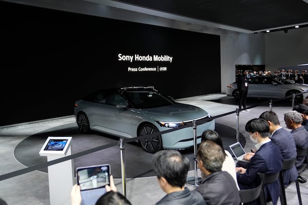 A Sony Honda Mobility is displayed at a Sony booth during the CES tech show, Tuesday, Jan. 7, 2025, in Las Vegas. (AP Photo/Abbie Parr)