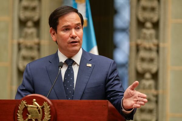 U.S. Secretary of State Marco Rubio gives a joint news conference with Guatemalan President Bernardo Arevalo at the National Palace in Guatemala City, Wednesday, Feb. 5, 2025. (AP Photo/Mark Schiefelbein, Pool)