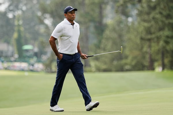 FILE - Tiger Woods walks on the first hole during the first round of the Masters golf tournament at Augusta National Golf Club on Thursday, April 6, 2023, in Augusta, Ga. (AP Photo/David J. Phillip, File)