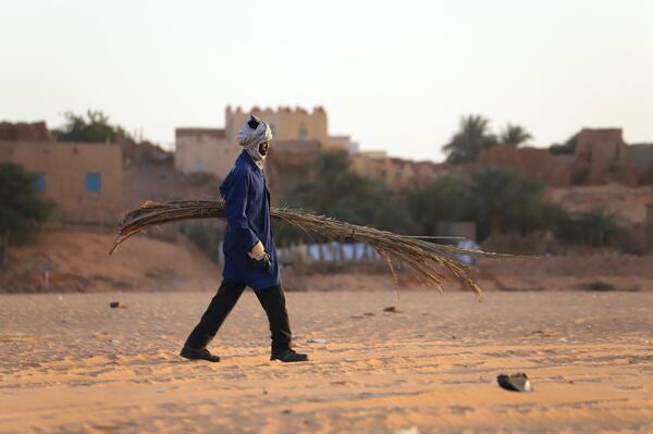 A local worker carries part of a palm tree which is used to cover houses in Chinguetti, Mauritania on Feb. 4, 2025. (AP Photo/Khaled Moulay)