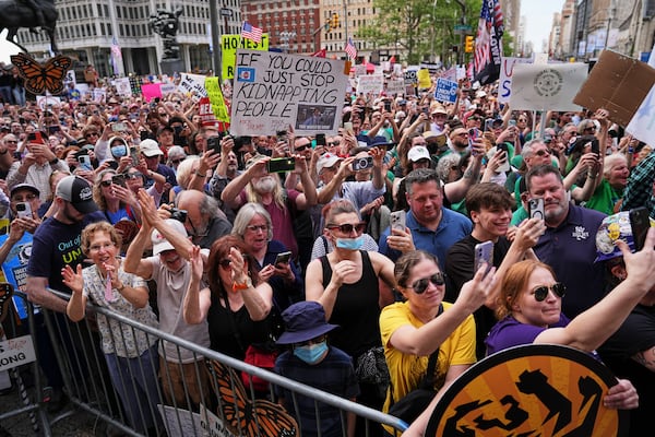 The crowd cheers for Sen. Bernie Sanders, I-Vt., as he arrives to speak during a May Day rally outside City Hall in Philadelphia, Thursday, May 1, 2025. (AP Photo/Matt Rourke)