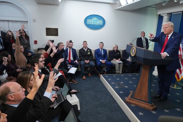 President Donald Trump takes questions while speaking with reporters in the James Brady Press Briefing Room at the White House, Thursday, Jan. 30, 2025, in Washington. (AP Photo/Jacquelyn Martin)