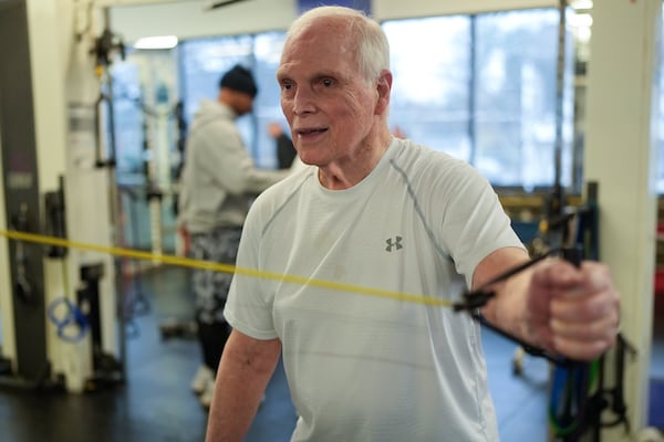 Dr. Grover Smith works out at STEPS Fitness, Wednesday, Feb. 12, 2025, in Nashville, Tenn. (AP Photo/George Walker IV)