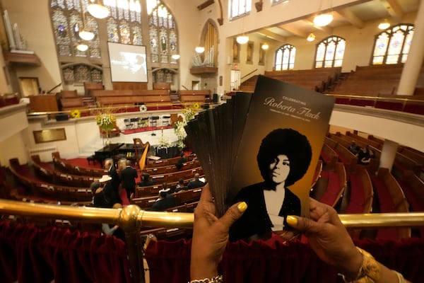 Programs are pictured prior to a ceremony in celebration of Roberta Flack's life at The Abyssinian Baptist Church on Monday, March 10, 2025, in New York. (AP Photo/Richard Drew)