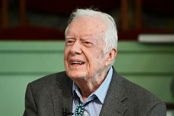 FILE - Former President Jimmy Carter teaches Sunday school at Maranatha Baptist Church in Plains, Ga., on Nov. 3, 2019. (AP Photo/John Amis, File)