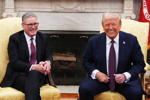 President Donald Trump meets with British Prime Minister Keir Starmer, left, at the White House, Thursday, Feb. 27, 2025, in Washington. (Carl Court/Pool via AP)