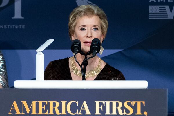 FILE - Linda McMahon speaks during an America First Policy Institute gala at his Mar-a-Lago estate, Nov. 14, 2024, in Palm Beach, Fla. (AP Photo/Alex Brandon, File)