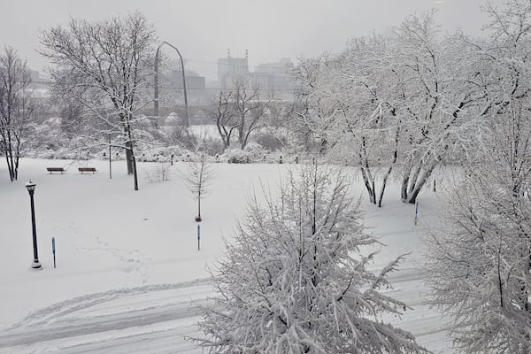 The heaviest snowfall of the season blankets Father Hennepin Park in Minneapolis and obscures the downtown skyline on Wednesday, March 5, 2025. (AP Photo/Steve Karnowski)