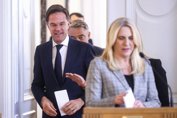 NATO Secretary General Mark Rutte walks out of a meeting with the members of the Bosnian Presidency prior to the start of their press conference in Sarajevo, Bosnia, Monday, March 10, 2025. (AP Photo/Armin Durgut)