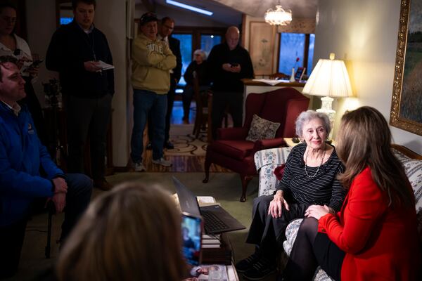 Malphine Fogel, 95, left, sits with Sasha Phillips, Counsel with Dentons Cohen & Grigsby, as they talk during a press conference about her son, Marc Fogel, who was a Russian detainee for three and a half years and is now on his way home, Tuesday, Feb. 11, 2025, in Butler, Pa. (Benjamin B. Braun/Pittsburgh Post-Gazette via AP)