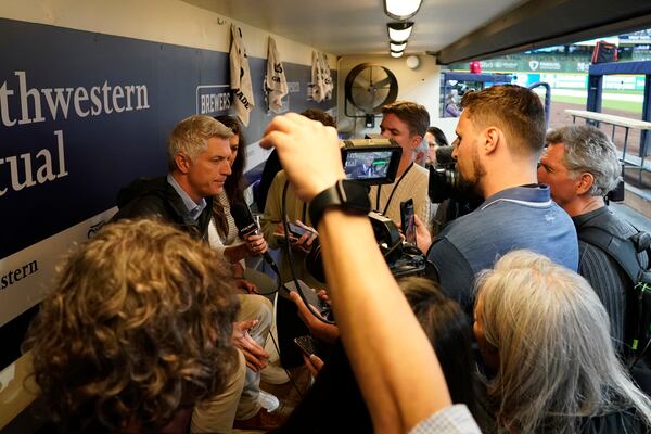 Mike Elias, executive vice president and general manager for the Baltimore Orioles, speaks to the media before a baseball game against the Milwaukee Brewers, Tuesday, May 20, 2025, in Milwaukee. (AP Photo/Aaron Gash)