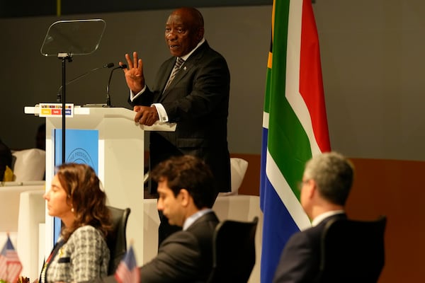 South Africa's President Cyril Ramaphosa speaks at the G20 Finance Ministers and Central Bank Governors meeting in Cape Town, South Africa, Wednesday, Feb. 26, 2025. (AP Photo/Nardus Engelbrecht)