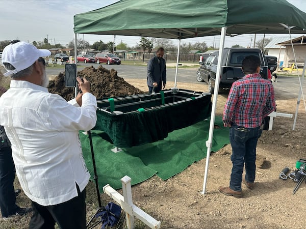 Immigration advocates hold a funeral in Eagle Pass, Texas on Thursday, February. 6, 2025, for Gustavo Alfonso Garcia Olivares, who drowned in November 2023 after crossing the Rio Grande into the U.S. (AP Photo/Valerie Gonzalez)