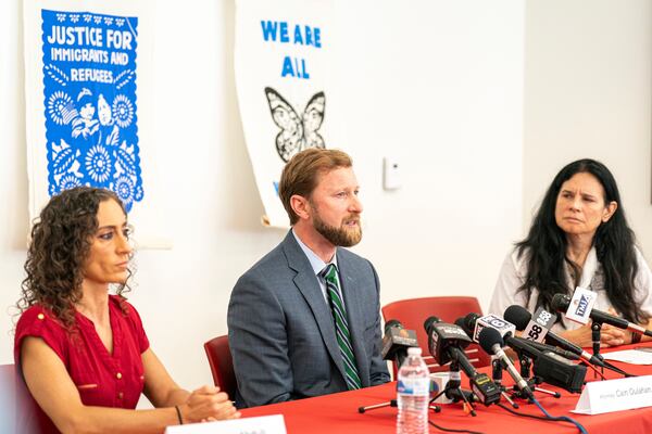 Cain Oulahan, Ramon Morales Reyes' immigration attorney addresses the media Friday, May 30, 2025 in Milwaukee about the detention of his client Ramon Morales Reyes. (AP Photo/Andy Manis)
