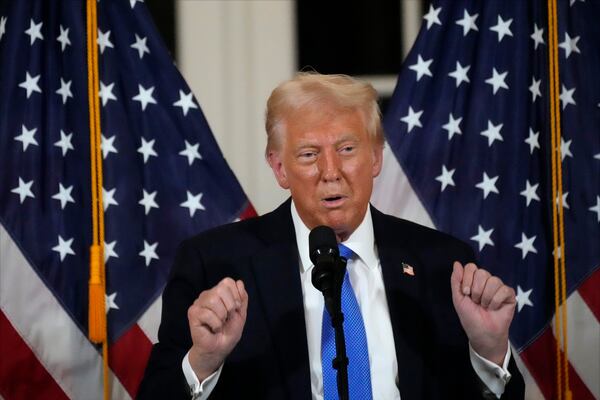 President Donald Trump speaks at a dinner with Senate Republicans at Mar-a-Lago in Palm Beach, Fla., Friday, Feb. 7, 2025. (AP Photo/Ben Curtis)