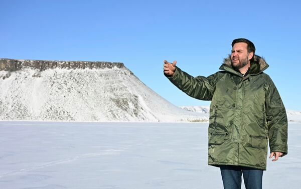 FILE - Vice President JD Vance gestures as he tours Pituffik Space Base, March 28, 2025, in Greenland. (Jim Watson/Pool via AP, File)