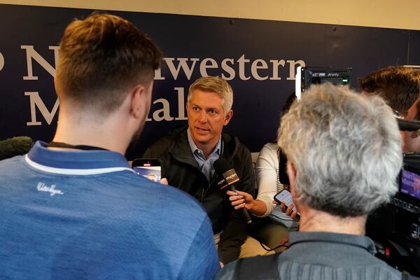 Mike Elias, executive vice president and general manager for the Baltimore Orioles, speaks to the media before a baseball game against the Milwaukee Brewers, Tuesday, May 20, 2025, in Milwaukee. (AP Photo/Aaron Gash)
