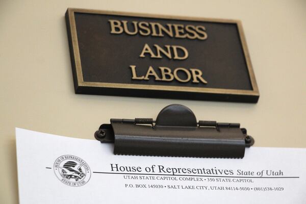 Utah's House Business and Labor Committee letterhead is displayed Thursday, Jan. 23, 2025, in Salt Lake City. (AP Photo/Hannah Schoenbaum)