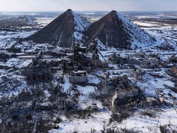 In this photo provided by Ukraine's 93rd Mechanized Brigade press service, a view of damaged coal mines in the partially occupied Toretsk town, the site of heavy battles with the Russian troops in the Donetsk region, Ukraine, Saturday, Feb. 22, 2025. (Iryna Rybakova/Ukraine's 93rd Mechanized Brigade via AP)