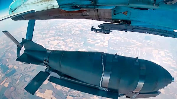 FILE - In this image made from a video released by the Russian Defense Ministry on Aug. 21, 2024, a Russian warplane drops a glide bomb on Ukrainian forces. (Russian Defense Ministry Press Service via AP, File)