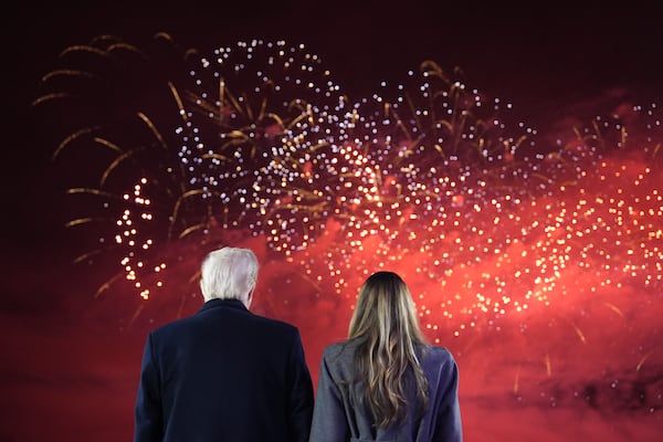 President-elect Donald Trump, Melania Trump and family watch fireworks at Trump National Golf Club, Saturday, Jan. 18, 2025, in Sterling, Va. (AP Photo/Alex Brandon, Pool)