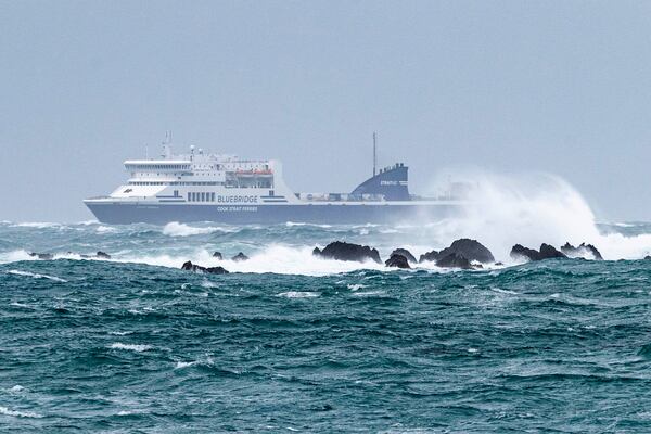 Bluebridge ferry makes it way to Wellington, New Zealand, in rough seas on Aug. 21, 2023. (Bruce MacKay/Stuff via AP)