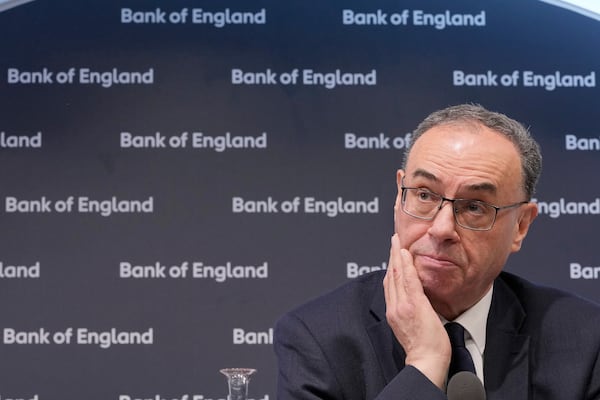 Andrew Bailey, Governor of the Bank of England , pauses during the Monetary Policy Report press conference in London, Thursday, Feb. 6, 2025.(AP Photo/Kin Cheung, Pool)