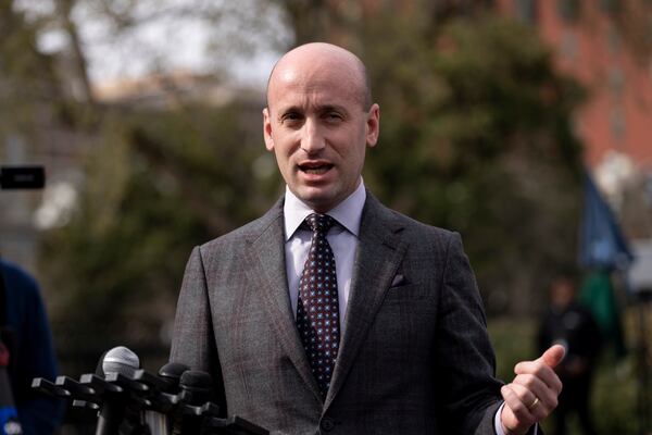 Deputy White House chief of staff Stephen Miller speaks to reporters at the White House in Washington, Wednesday, March 19, 2025. (AP Photo/Ben Curtis)